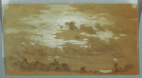 Rajz, Felhős égbolt egy erdős hegygerinc felett, Niagara, valószínűleg 1858
