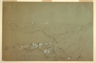 Rajz, A Tolima és a Ruiz vulkánok távoli látképe a Tequendama vízesés környékéről, Kolumbia, 1853. június