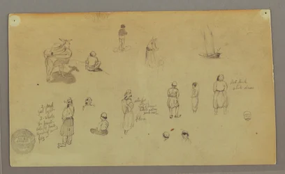 Rajz, figurális tanulmányok, csomag szamár, vitorlás, talán 1868
