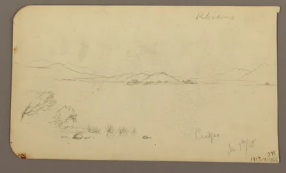 Rajz, alak és ökrös szekér, ciprusfa; hátlap: Kilátás a Cuitzeo-tóra, 1885. január