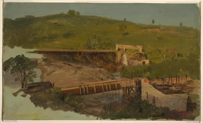 Rajz, Hegy viaduktokkal és romos malmokkal, Catskill közelében, New York, 1865 körül.