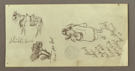 Rajz, ló, figura hátulról, fák, valószínűleg 1868