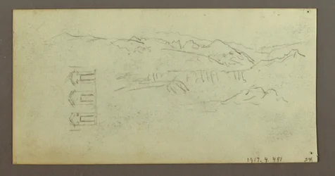 Rajz, ló, figura hátulról, fák, valószínűleg 1868