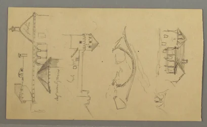 Rajz, ház, híd, kastély, háztetők, 1868. augusztus