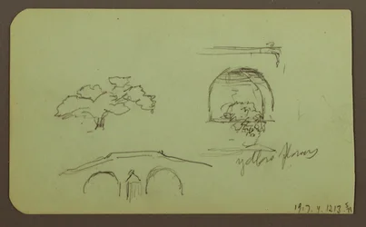 Rajz, táj, alak; hátoldal: Fák, híd, növények, 1883