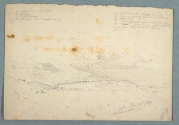 Rajz, Tájkép a Hudson-völgyben; hátlapján: Vázlat templomról fahajókkal, 1870. június 14.