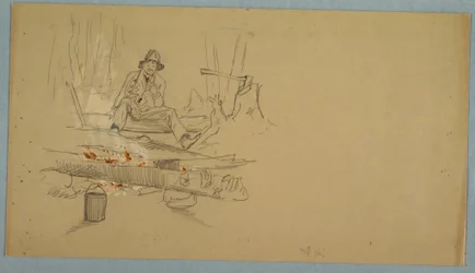 Rajz, Férfi táborozás az erdőben, 1855 körül