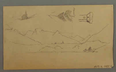 Rajz, középkori vár, két torony, figuratanulmányok, Thun közelében, valószínűleg 1868