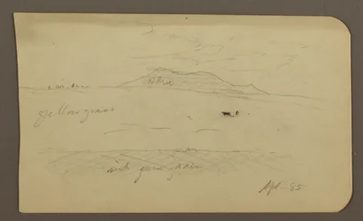 Rajz, hegyvidéki táj; hátoldalon: templom kupolával, 1885. április