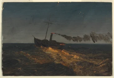 Rajz, Evezőlapátos gőzhajó alkonyatkor, 1853 körül.