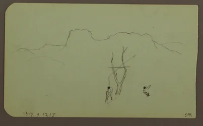 Rajz, sziklafal, pilaszter; hátoldalon: hegyvidéki táj, alakok, 1883
