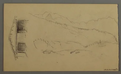 Rajz, háztetők, kapu, hegycsúcsok, 1868. augusztus
