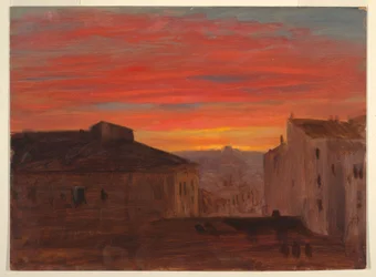 Rajz, háztetők naplementében a Pincio felől, Róma, 1868 vége vagy 1869 eleje.