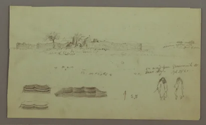 Rajz, Falakkal körülvett romok, sátrak, két alakos tanulmány, 1868. április 28.