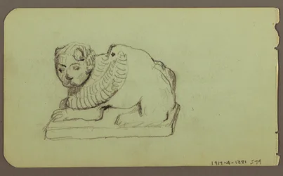 Rajz, Oroszlánszobor, Skiff; hátoldal: Oroszlánszobor, 1883. december
