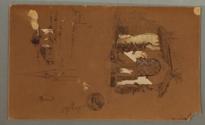 Rajz, Tanulmányok a faházról, pipás férfi, kacsák, 1868