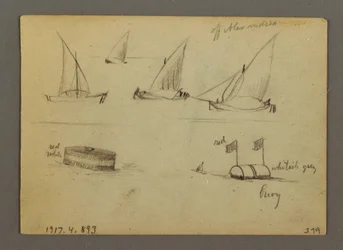Rajz, Naplemente a tenger felett, gőzhajó, valószínűleg 1868