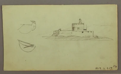 Rajz, Város a tengerparton, mögötte hegyvonulat, 1868. május 27.