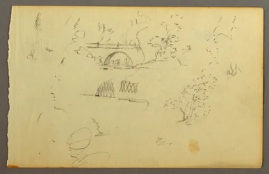 Rajz, Fák, híd, arcok profilban, valószínűleg 1844