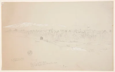Rajz, Kuseiyeh falu, távolban a Libanon-hegy, 1868. május