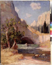Kilátás a Provence-i Fontaine du Vaucluse tájra. Frederic Montenard (1849-1926) festménye Dim. 65x50,5 cm Kötelező említés: Collection fondation regards de Provence, Marseille