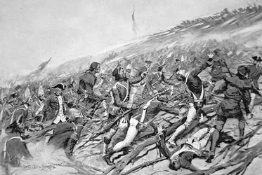 A brit erők 1758-ban megpróbálják megrohamozni a francia Ticonderoga erődöt (litho)