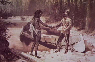 Francia-kanadai prémvadász, indián indiánokkal üzletel, 19. század vége (színes litho)