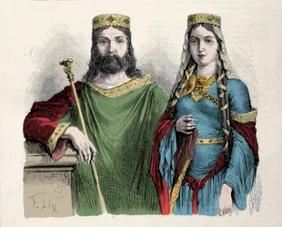 Chlodvig (481-511), a frankok királya második feleségével, Szent Klotild királynéval (Clothilde). Lix metszete.