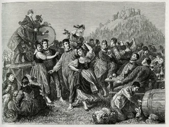 Fete des patres a Hohneckben (Vogézek), Szent János utáni vasárnap. F.Lix metszete a „Through Elsace and Lorraine” (Elzászon és Lotaringián keresztül) című történet illusztrálására 1884-ben, Charles Grad (1842-1890) német képviselő, író és természettudós. 