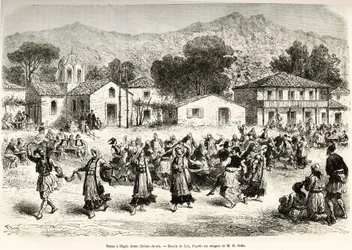 Néptánc a falu főterén Haggia Anna (Szent Anna). Metszet Lix rajza után, a görögországi utazás illusztrálására, Henri Belle, 1861-1868-1874, megjelent a „Le tour du monde”” 1876-ban, szerkesztette Edouard Charton, Hachette kiadás, Párizs
