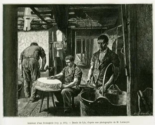Egy sajtgyár belsejében. Lix metszete az Elzászon és Lotaringián keresztül című történet illusztrálására, Charles Grad német deputátor 1885-ben, a tour du monde 1887-ben Edouard Charton (1807-1890) irányításával, Hachette, Párizs.