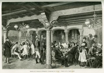 A strasbourgi Tiefenkeller kocsma belseje. Lix metszete az Elzászon és Lotaringián keresztül című történet illusztrálására 1887-ben, Charles Grad német tisztviselőtől, a tour du monde 1888-ban, rendező: Edouard Charton (1807-1890), Hachette, Párizs.
