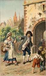 Népszerű dal: „A Paris y a-t-une dame”. Egy férfi gúnyt űz egy szobalányból, így az arcát lakk borítja. Illusztráció: Frederic Theodore Lix (1830-1897) a „Chansons et rounds enfantines des provinces de la France” c.