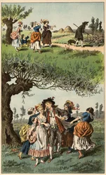 Népszerű dal: „Három lány voltunk””. Illusztráció: Frederic Theodore Lix (1830-1897) a „Gyermekdalok és körök Franciaország tartományaiból” c.