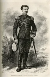 Az utazó és elbeszélő, Prjewalski alezredes portréja, F. Lix rajza az 1870 és 1873 közötti Mongóliába és a Tangute földjére tett utazásának illusztrálására, Prjewalski alezredese által. Gravírozás a Le tour du monde-ban