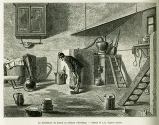 A kirsch lepárlása Isenburg várában. Lix metszete az Elzászon és Lotaringián keresztül című történet illusztrálására 1887-ben, Charles Grad német tisztviselőtől, a tour du monde 1888-ban, rendező: Edouard Charton (1807-1890), Hachette, Párizs.
