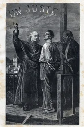 Az eve Myriel egy halálos ítéletet kísér, amely felmászik az állványra – Frederic Theodore Lix (1830-1897) illusztrációja Victor Hugo (1802-1885) „The Miserables – First Part: Fantine” című művéhez, 1862