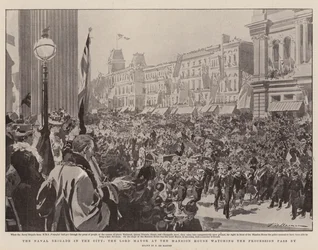 A haditengerészeti brigád a városban, a főpolgármester a kastélyban nézi a körmenetet