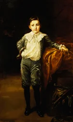Eckstein mester portréja, teljes hosszában állva, leterített ládára támaszkodva, 1902