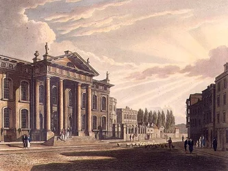 A Clarendon Nyomda külseje, illusztráció az „Oxford története”-ből, Joseph Constantine Stadler (fl.1780-1812) metszete, pub. R. Ackermann