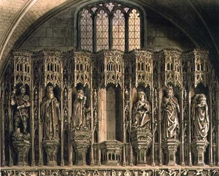 Képernyő az Ötödik Henry temploma felett, O tábla a „Westminster Abbey”-ből, J. Bluck (fl.1791-1831) pub. Írta: Rudolph Ackermann (1764-1834) 1812 (akvatinta)