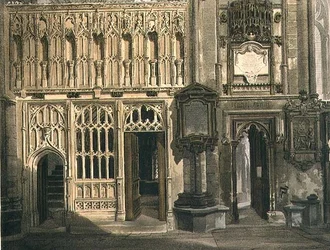 Islip apát kápolnája képernyője és a Szent Erasmus kápolna bejárata, a „Westminster Abbey” P táblája, J. Bluck (fl. 1791-1831) kocsmája. Írta: Rudolph Ackermann (1764-1834) 1812 (akvatinta)