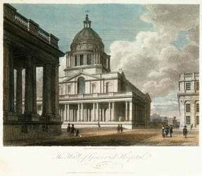 A greenwichi kórház (Kent, Anglia) látképe, a kupola és Vilmos (William) király udvarának északkeleti sarkának leírása, mögötte a csarnok északi homlokzatának festett részével, valamint Mária királynő udvarának és kápolnájának egy részével.