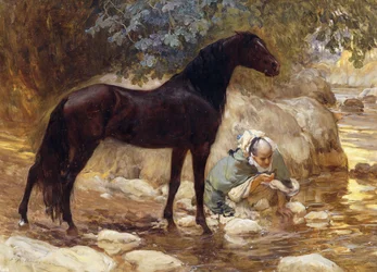 Egy arab, aki a lovát itatja a folyó mellett, 1890-1900 körül