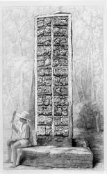Hieroglifák egy emlékmű hátoldalán a hondurasi Copanban, Frederick Cotherwood és John Lloyd Stephens "Incidents of Travel in Central America, Chiapas and Yucatan" című, 1842-ben megjelent kötetének I. kötetéből.