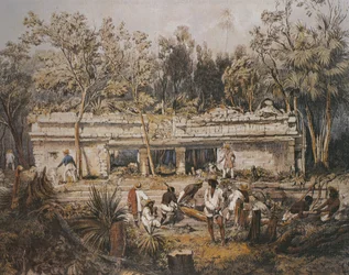 Frederick Catherwood és John Lloyd Stephens régészek megmérik a mexikói Yucatan Tulum templomát, illusztráció a "Közép-Amerika, Chiapas és Yucatan ókori műemlékei látképéből"