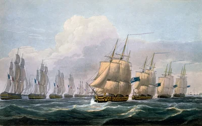 Beresford százados a HMS Theseusban vezeti hajóosztagát a „The Naval Chronology of Great Britain” című művéből, J. Ralfe, 1820