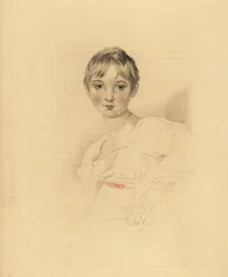Lucy Meredith, Sir Thomas Lawrence unokahúga portréja. Fiatal pre-tini lány fehér ruhában, rózsaszín szalag övvel. Frederick Christian Lewis kézzel színezett metszete Sir Thomas Lawrence illusztrációja után a P.G.-től. Patmore drágakövek kabinetje, Ackerma