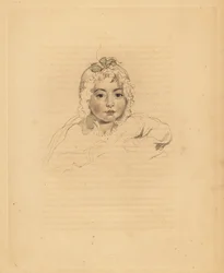 Mary Isabella Bloxam, Sir Thomas Lawrence unokahúga portréja. Szalaggal ellátott motorháztetőben. Frederick Christian Lewis kézzel színezett metszete Sir Thomas Lawrence illusztrációja után a P.G.-től. Patmore drágakő kabinetje, Ackermann, London