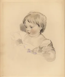 Rowland Bloxam, Sir Thomas Lawrence unokaöccse portréja. Pufók fiú kék szalaggal átkötött ruhában. Frederick Christian Lewis kézzel színezett metszete Sir Thomas Lawrence illusztrációja után a P.G.-től. Patmore drágakő kabinetje, Ackermann, London